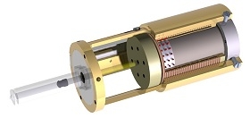 Schéma d'une seringue hypodermique sans aiguille. Le courant électrique modifie le champ magnétique et propulse le piston, éjectant ainsi le médicament qui va traverser la peau. © MIT BioInstrumentation Lab